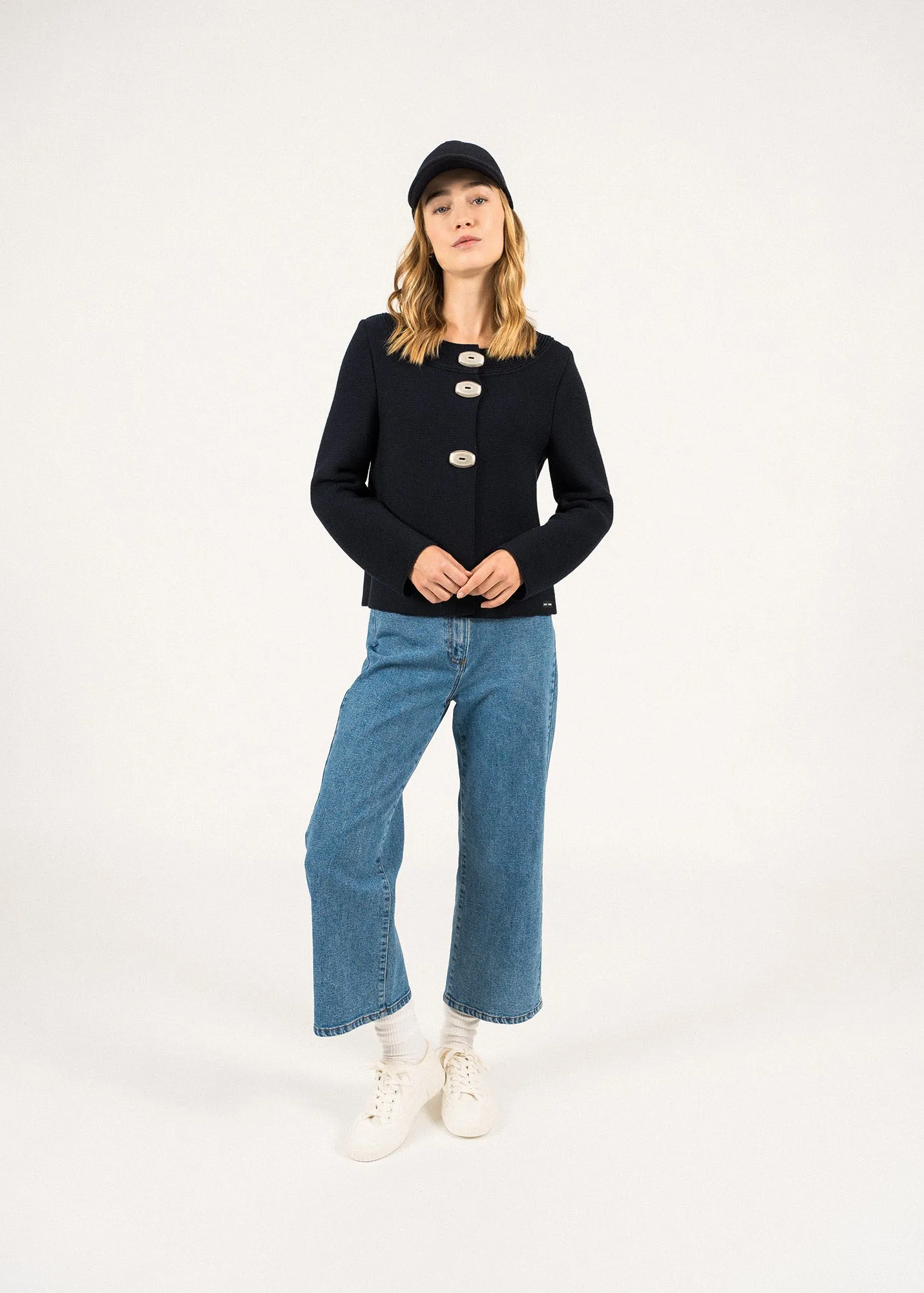 Adrets Réédit wool jacket - in garter stitch, with large buttons (NAVY)