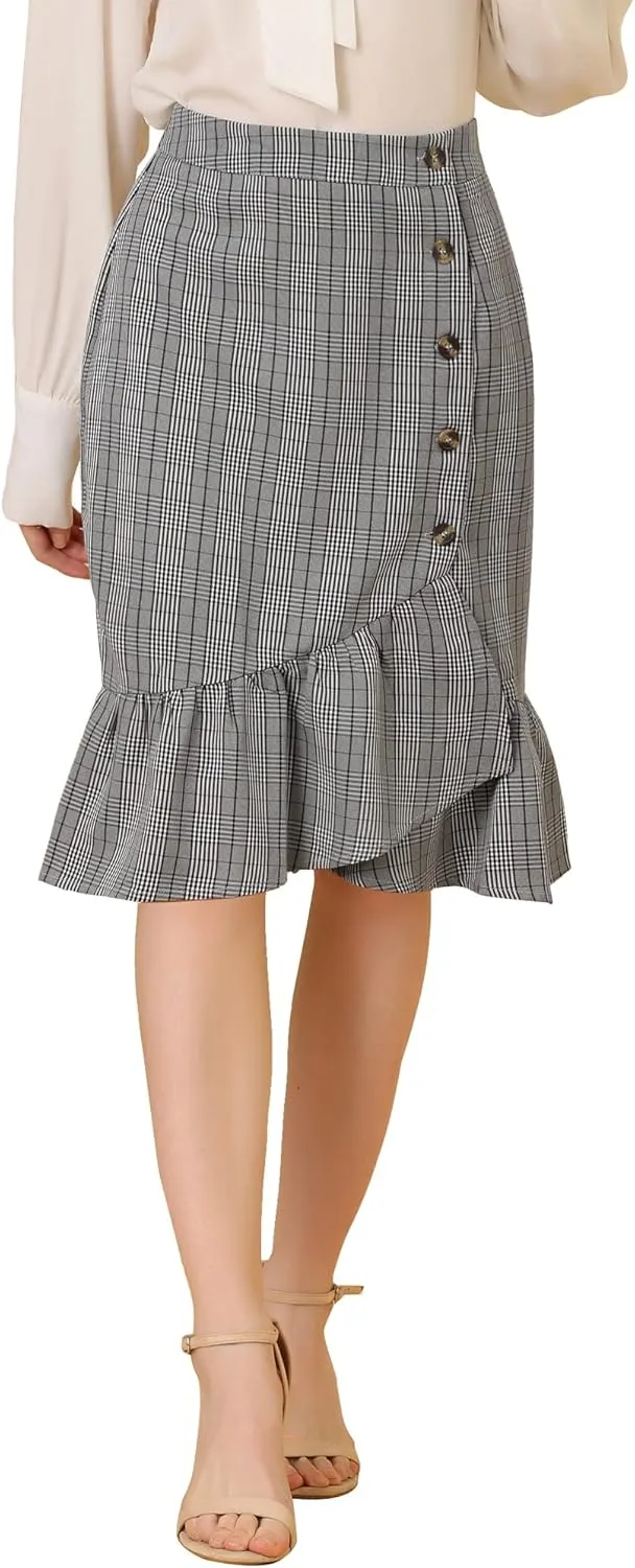 Allegra K Women's Plaid Asymmetric Fishtail Button Work Office Ruffle Pencil Skirt