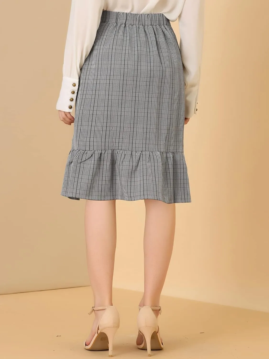 Allegra K Women's Plaid Asymmetric Fishtail Button Work Office Ruffle Pencil Skirt