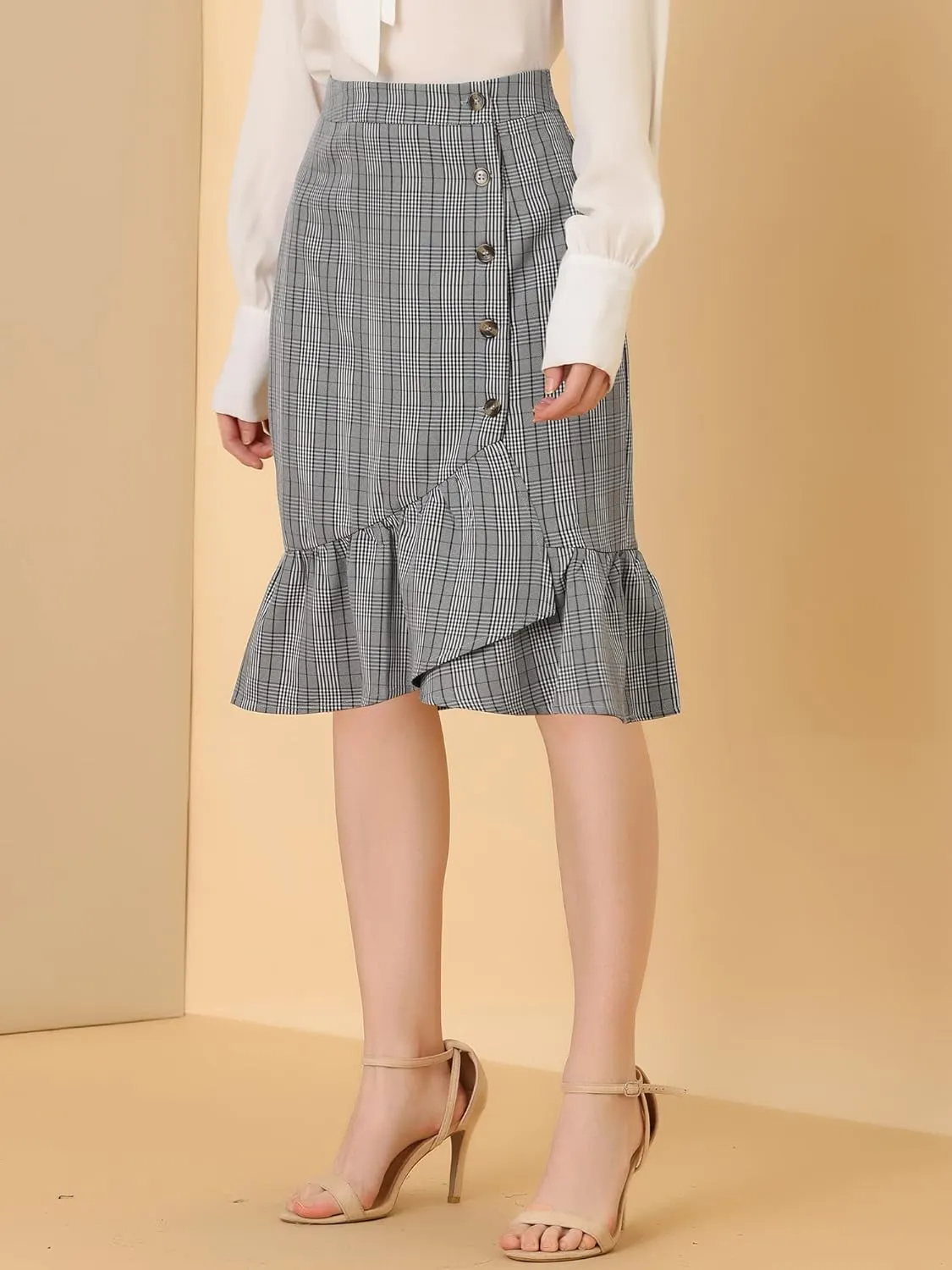 Allegra K Women's Plaid Asymmetric Fishtail Button Work Office Ruffle Pencil Skirt