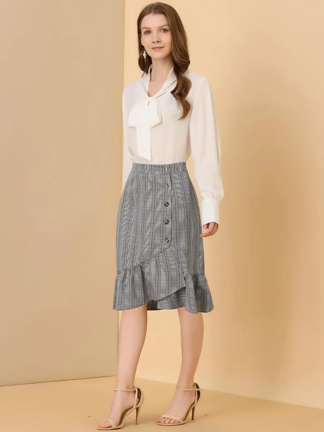 Allegra K Women's Plaid Asymmetric Fishtail Button Work Office Ruffle Pencil Skirt