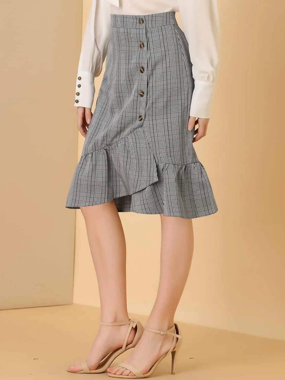 Allegra K Women's Plaid Asymmetric Fishtail Button Work Office Ruffle Pencil Skirt