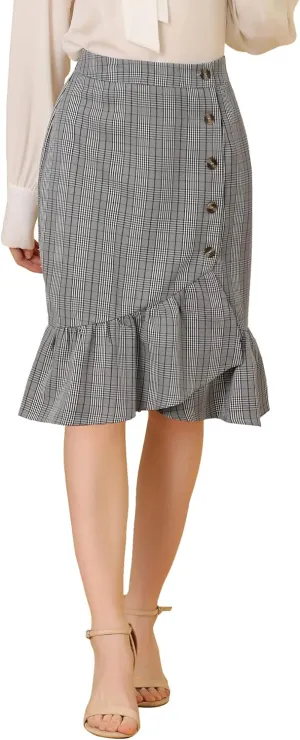 Allegra K Women's Plaid Asymmetric Fishtail Button Work Office Ruffle Pencil Skirt