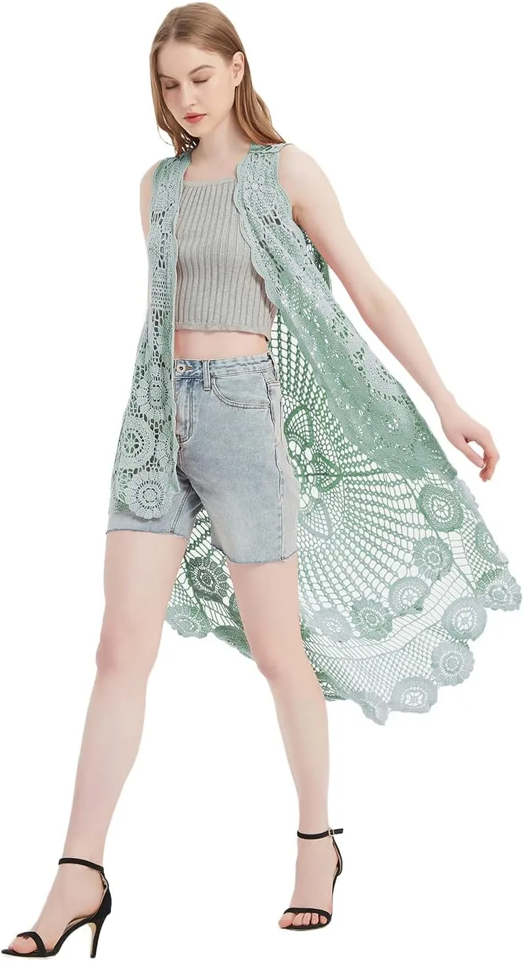 Anna-Kaci Womens Hippie Bohemian Floral Crochet Lace Trim Sleeveless Vest Cardigan