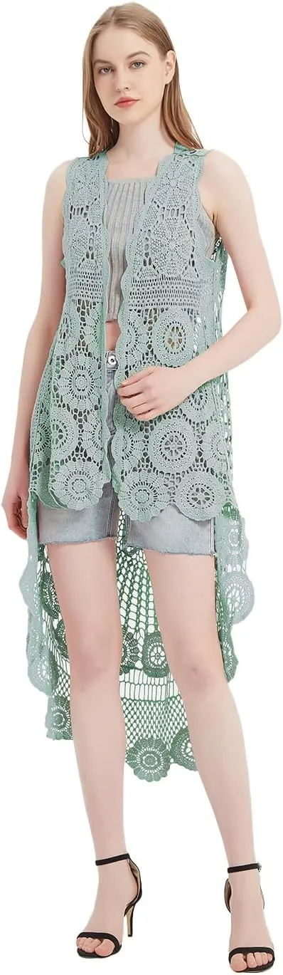 Anna-Kaci Womens Hippie Bohemian Floral Crochet Lace Trim Sleeveless Vest Cardigan