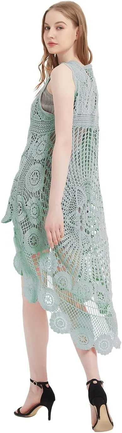 Anna-Kaci Womens Hippie Bohemian Floral Crochet Lace Trim Sleeveless Vest Cardigan