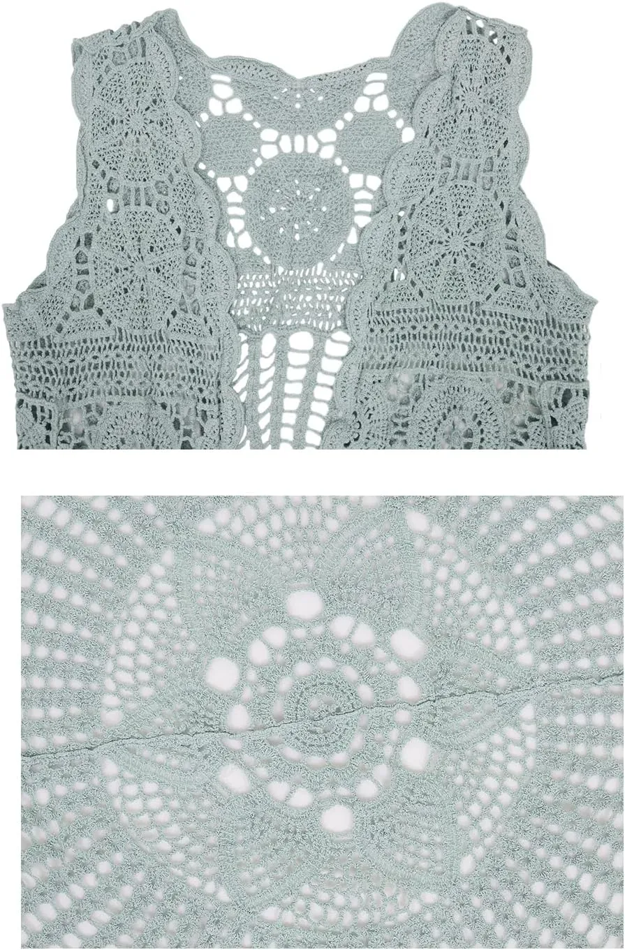Anna-Kaci Womens Hippie Bohemian Floral Crochet Lace Trim Sleeveless Vest Cardigan