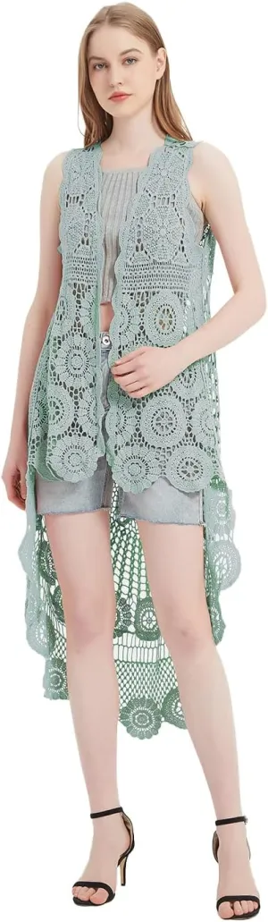 Anna-Kaci Womens Hippie Bohemian Floral Crochet Lace Trim Sleeveless Vest Cardigan