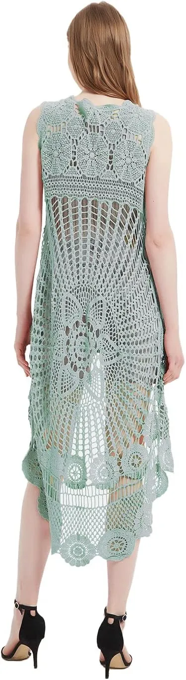 Anna-Kaci Womens Hippie Bohemian Floral Crochet Lace Trim Sleeveless Vest Cardigan