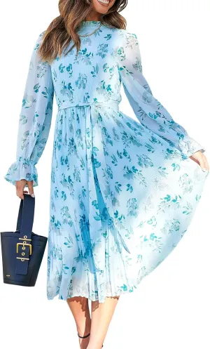 ANRABESS Women's Floral Midi Dress Puff Long Sleeve Casual Ruffle Chiffon A-Line Swing Pleated Belted Tea Party Dresses