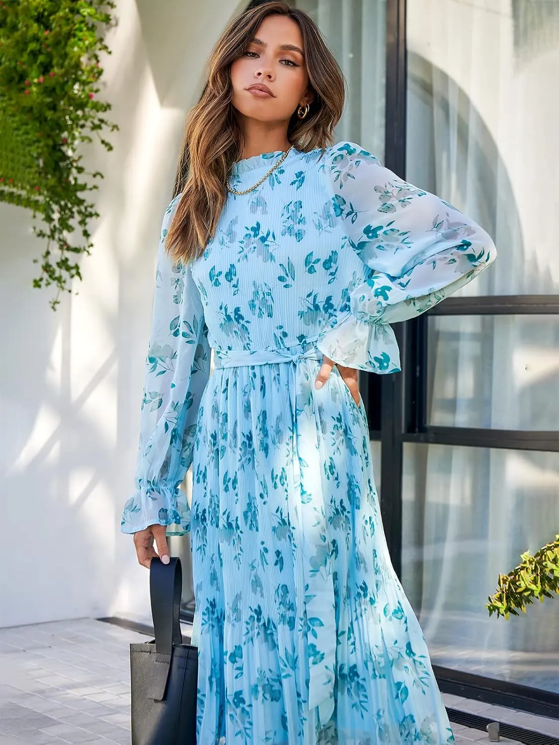 ANRABESS Women's Floral Midi Dress Puff Long Sleeve Casual Ruffle Chiffon A-Line Swing Pleated Belted Tea Party Dresses