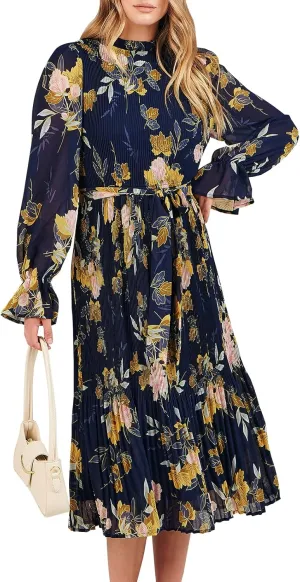 ANRABESS Women's Floral Midi Dress Puff Long Sleeve Casual Ruffle Chiffon A-Line Swing Pleated Belted Tea Party Dresses