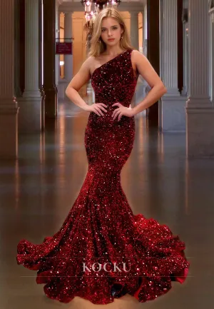 Asymmetrical Mermaid One Shoulder Sleeveless Ruched Sequins Prom Dress with Train Party Dress