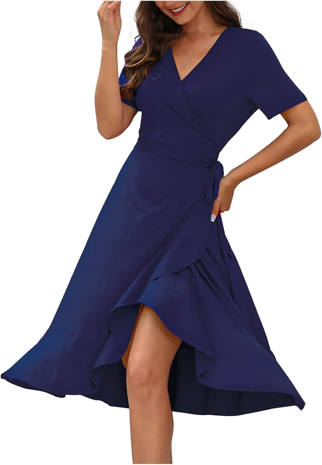 Aymnlox Summer Dresses for Women 2023 Trendy Short Sleeve Wrap V Neck Tie Waist Elegant Sexy Ruffle Solid Prom Midi Dress