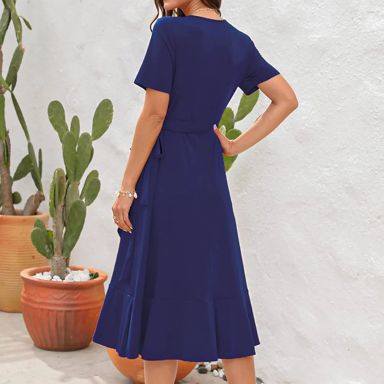Aymnlox Summer Dresses for Women 2023 Trendy Short Sleeve Wrap V Neck Tie Waist Elegant Sexy Ruffle Solid Prom Midi Dress