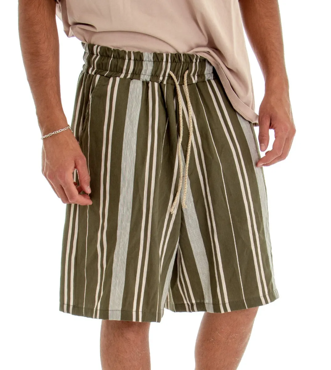Bermuda Pantaloncino Uomo Shorts Rigato Verde Elastico GIOSAL-PC1542A