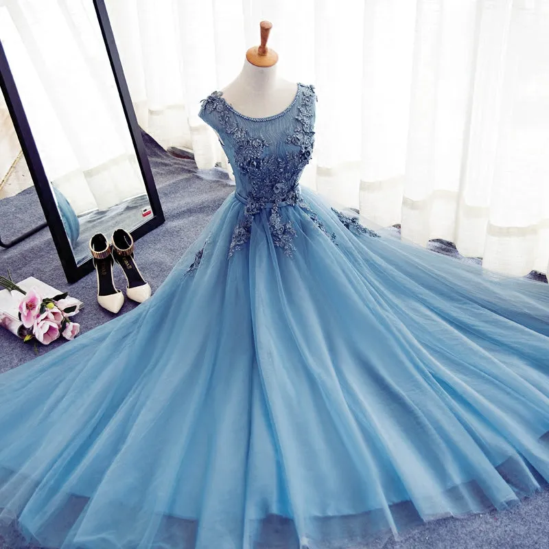 Blue Round Neckline Long Applique Elegant Senior Formal Dress, Long Party Gowns