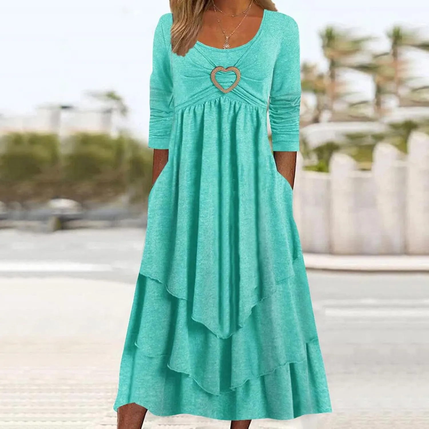 Boho Dress for Womens Summer Short Sleeve V Neck Button Midi Dresses Casual Loose Vacation Clothes with Pockets