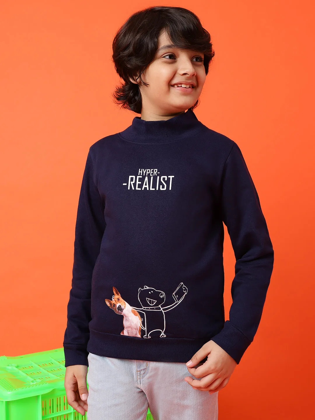 Boys Navy Blue Poly Cotton Printed Sweatshirt