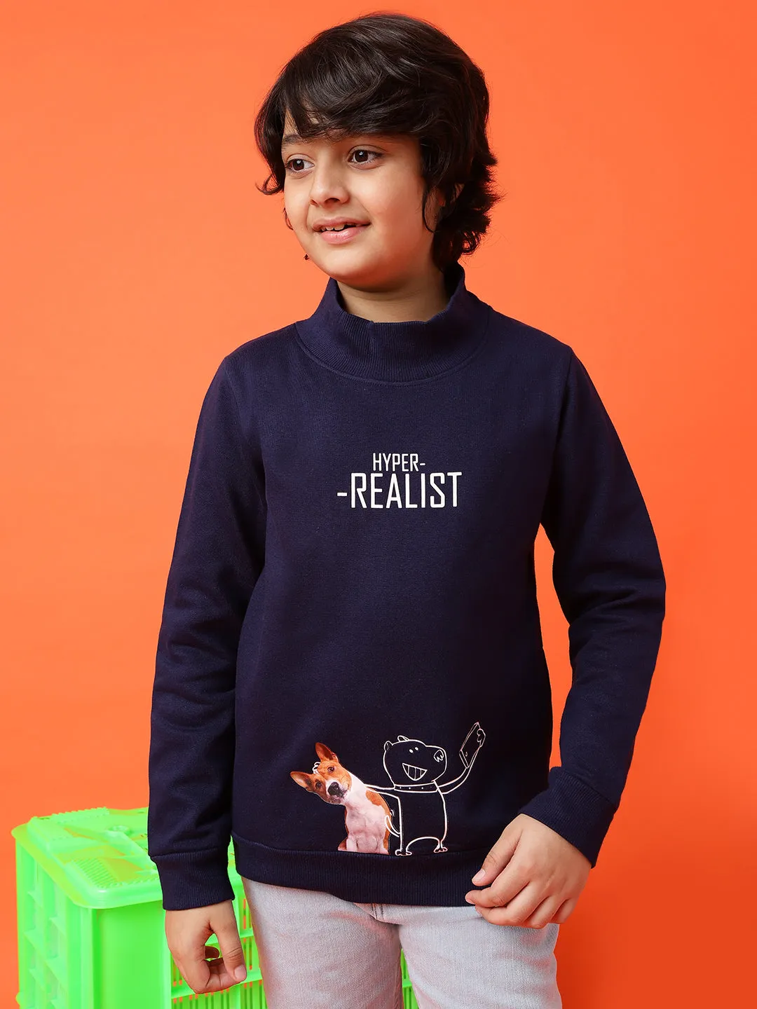 Boys Navy Blue Poly Cotton Printed Sweatshirt