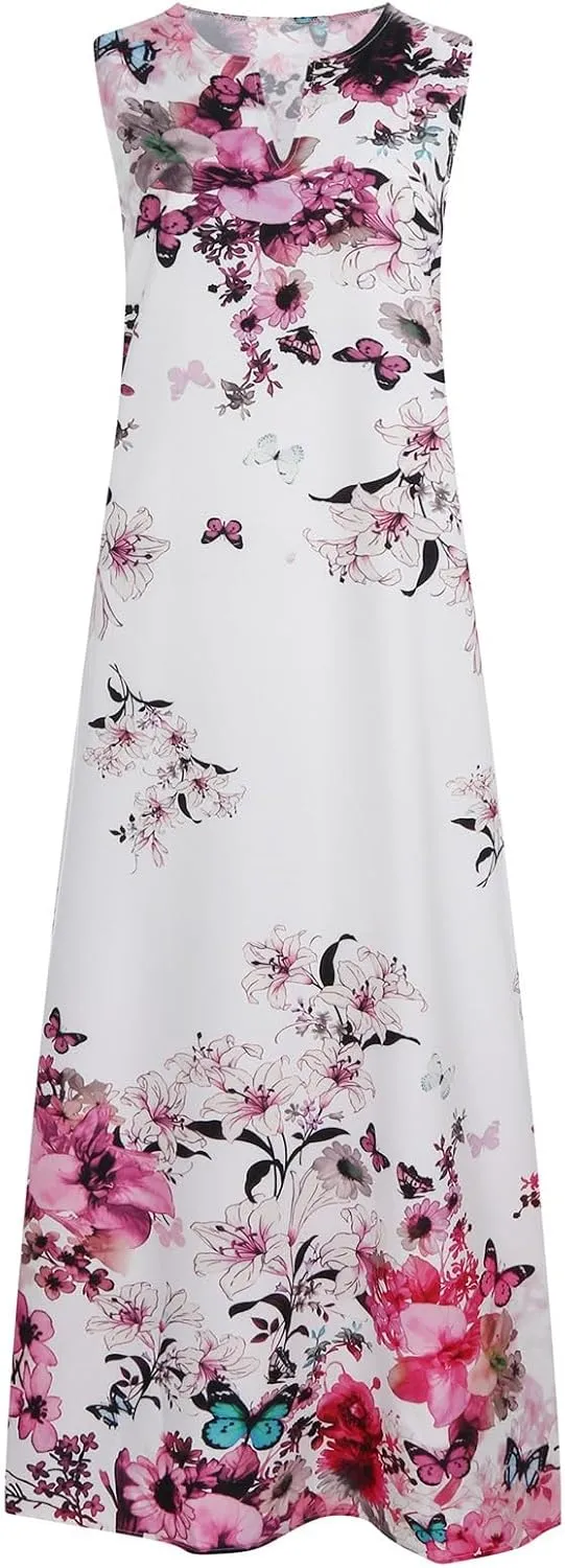 Cbcbtwo LongMaxi Dresses for Women Casual Spring Summer Fasion 2025 Sleeveless V-Neck Beach Dress Floral Print Vacation Dress