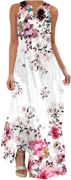 Cbcbtwo LongMaxi Dresses for Women Casual Spring Summer Fasion 2025 Sleeveless V-Neck Beach Dress Floral Print Vacation Dress