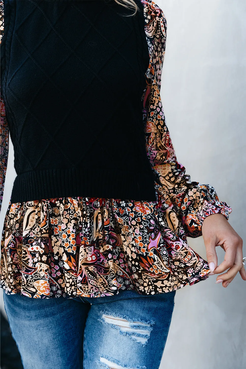 Contrast Floral Sleeve Peplum Sweater