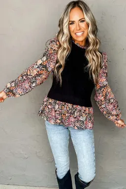 Contrast Floral Sleeve Peplum Sweater