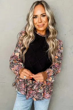 Contrast Floral Sleeve Peplum Sweater