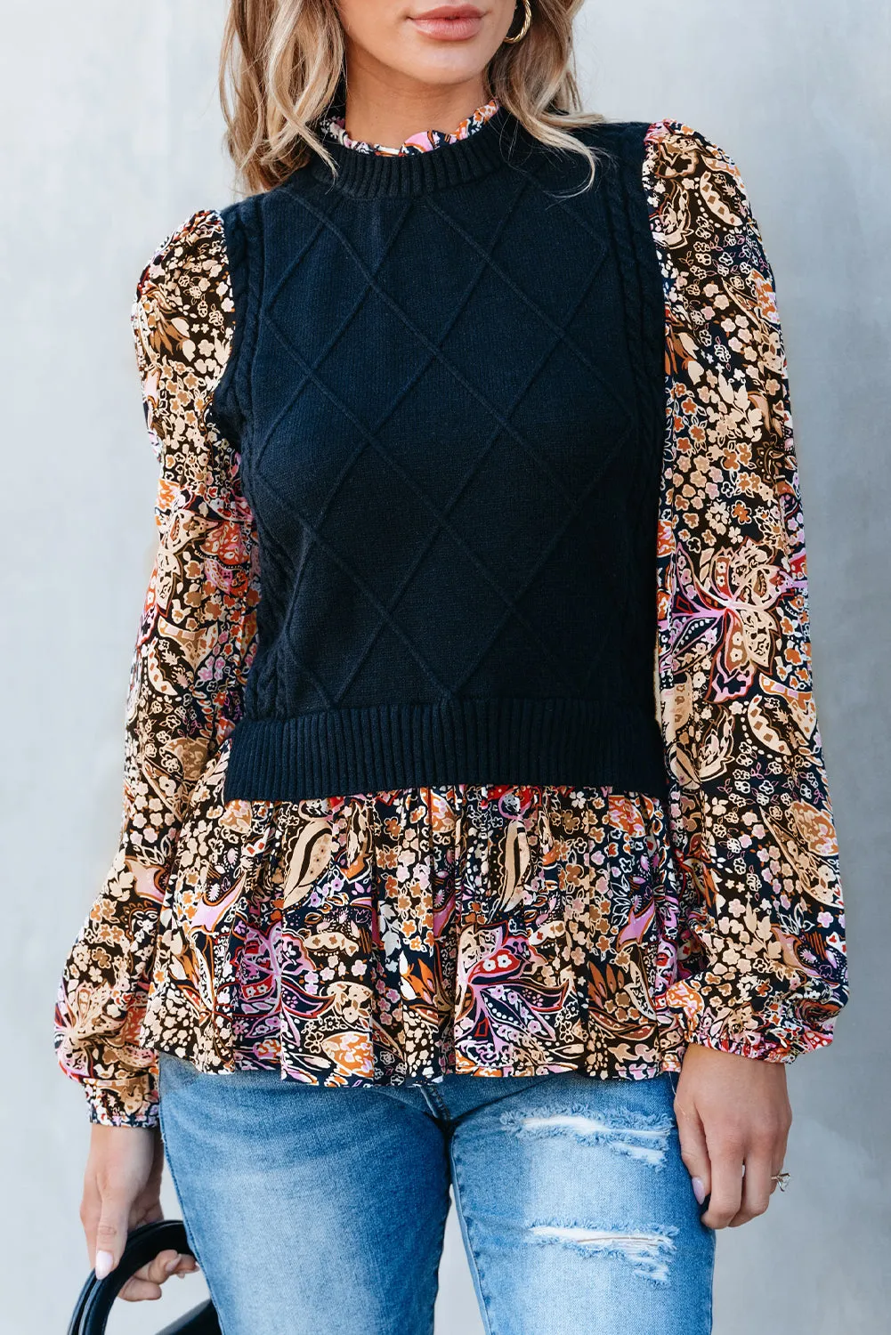 Contrast Floral Sleeve Peplum Sweater