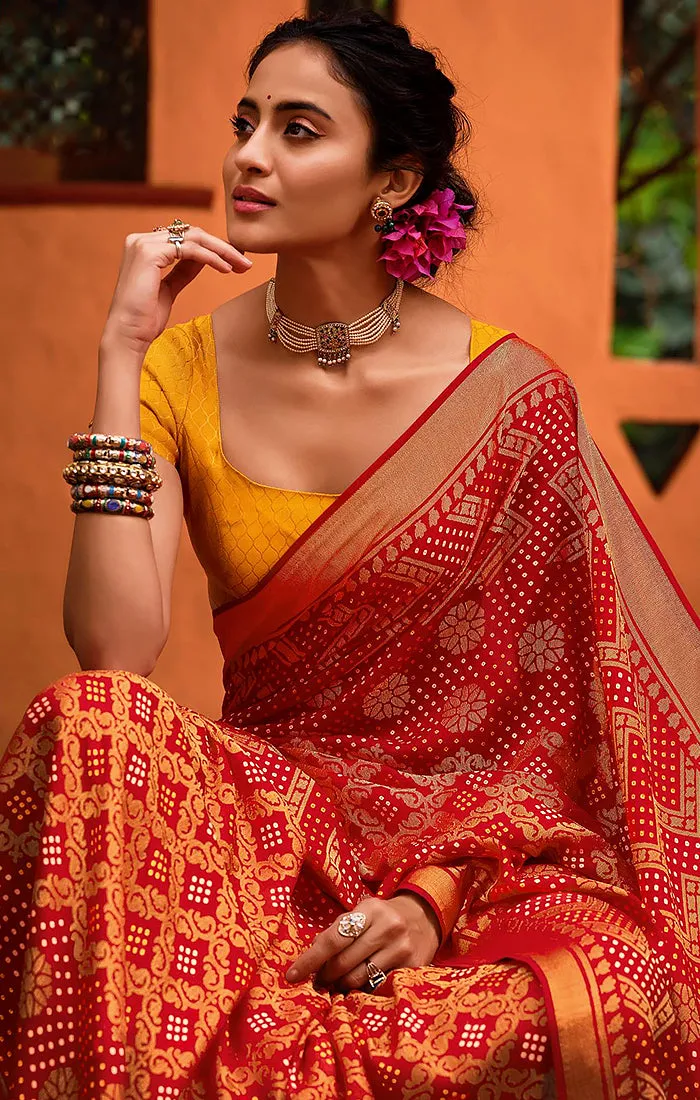 Designer Red/Golden Brasso Printed Saree for Casual Wear (D448)