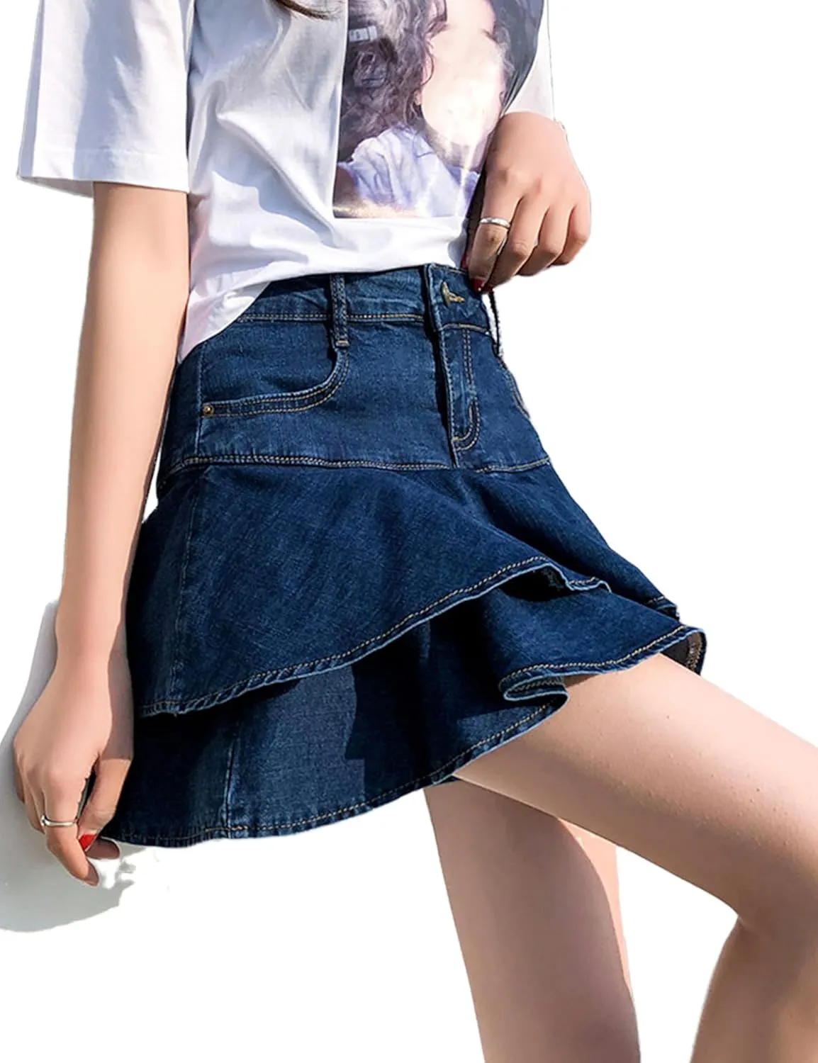 Dqbeng Women's A Line Denim Ruffle Skirt Y2K Pleated Mini Jean Skirts with Pockets