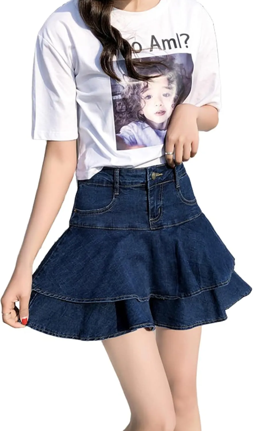 Dqbeng Women's A Line Denim Ruffle Skirt Y2K Pleated Mini Jean Skirts with Pockets