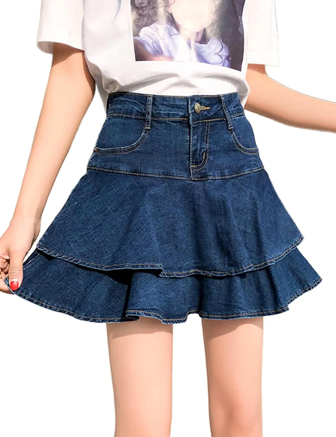 Dqbeng Women's A Line Denim Ruffle Skirt Y2K Pleated Mini Jean Skirts with Pockets