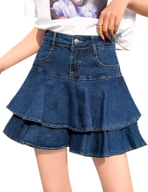 Dqbeng Women's A Line Denim Ruffle Skirt Y2K Pleated Mini Jean Skirts with Pockets