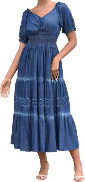 DREFBUFY Women's Maxi Dress Sleeveless Denim Long Summer A-line Casual Blue Cotton Boho Flowy Sundresses for Women