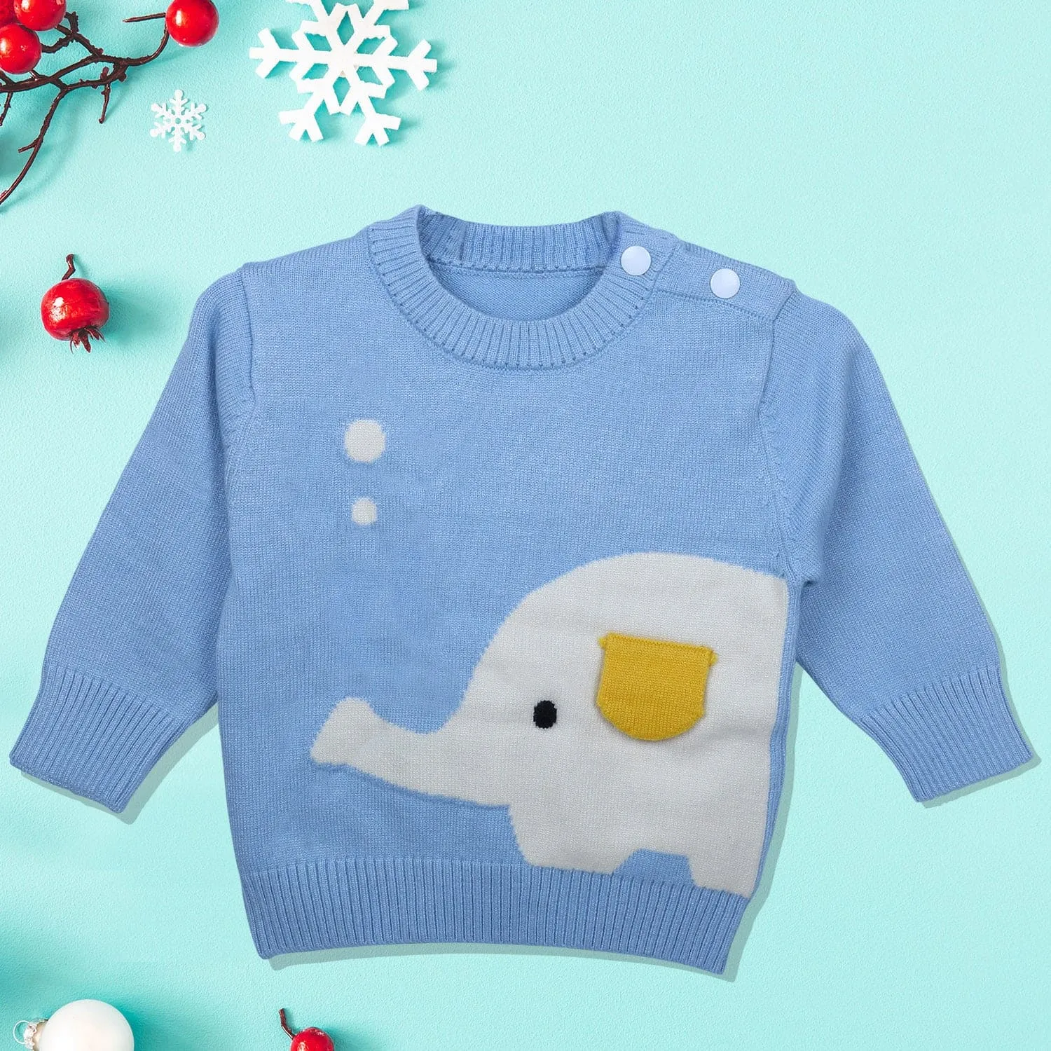 Elephant With 3D Ear Premium Full Sleeves Knitted Sweater - Blue