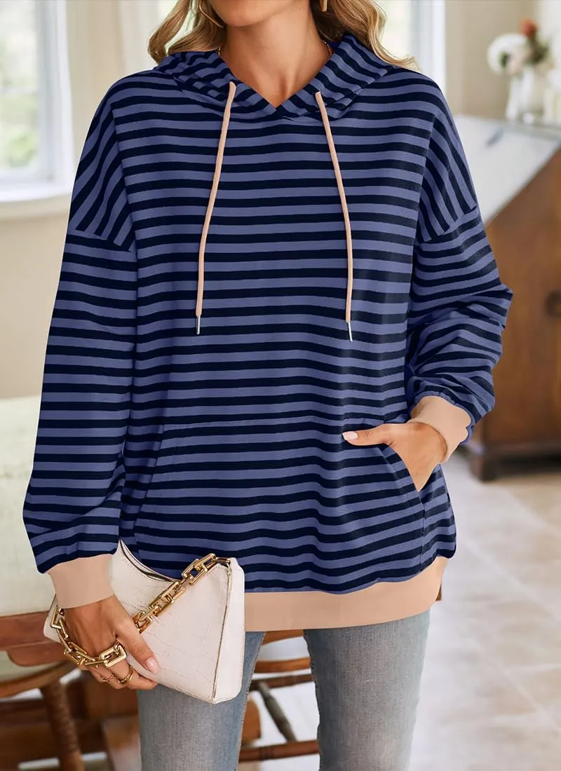 EUDOLAH Women Striped Hoodie Color Block Oversized Hoodies Long Sleeve Hooded Neck Fashion Top Casual Loose Y2K Clothing
