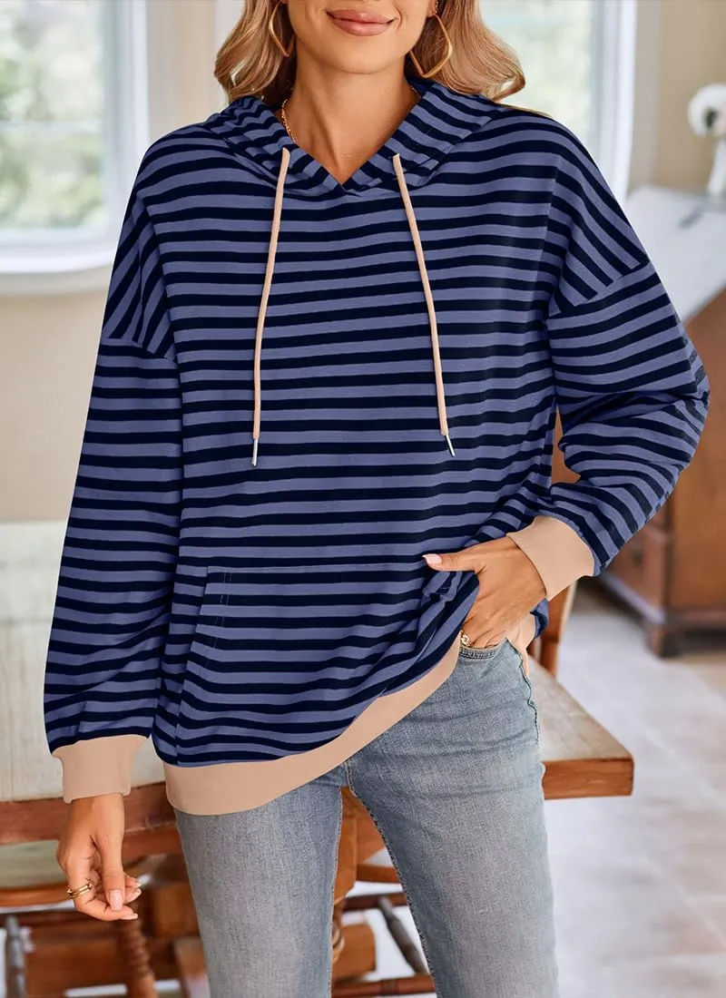 EUDOLAH Women Striped Hoodie Color Block Oversized Hoodies Long Sleeve Hooded Neck Fashion Top Casual Loose Y2K Clothing