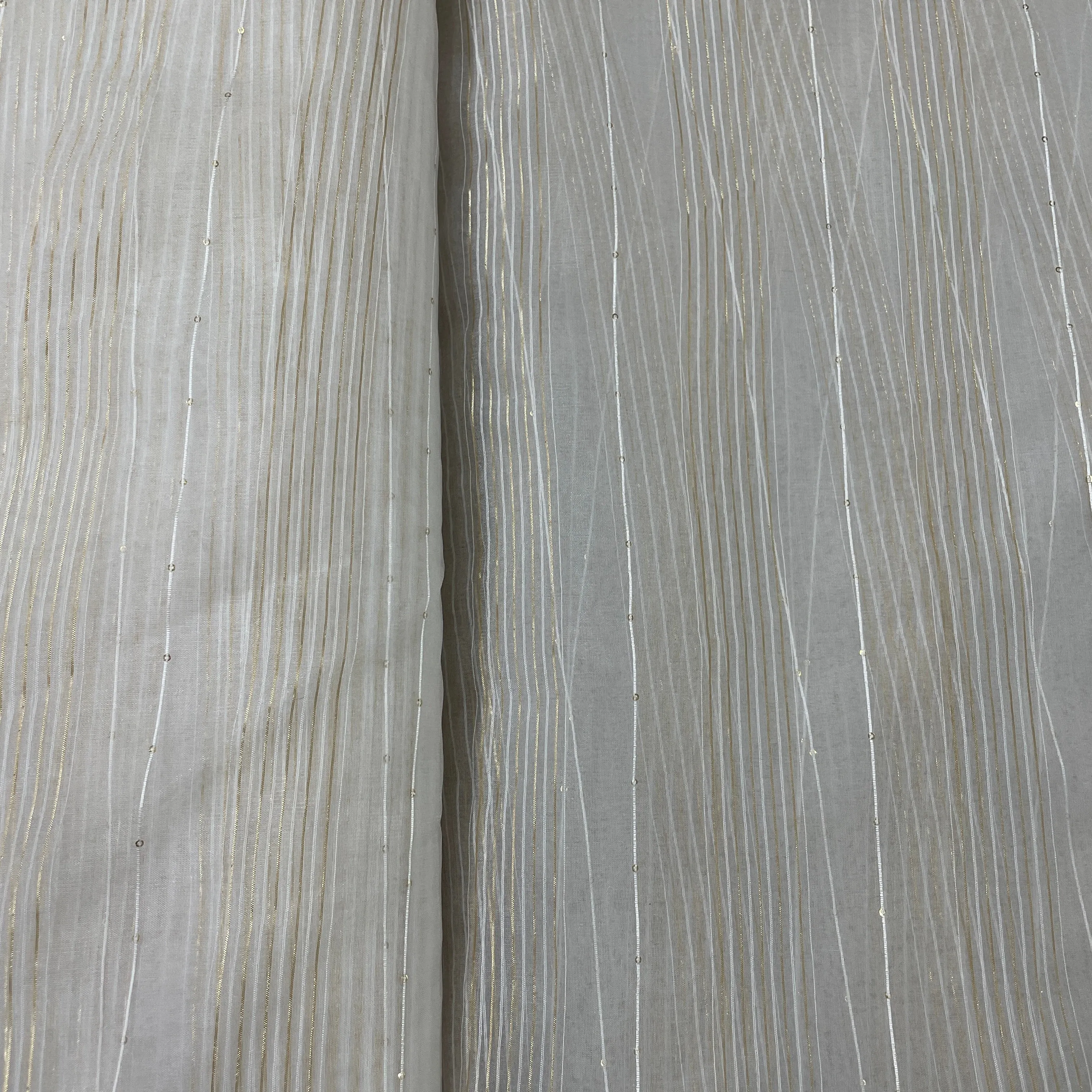 Exclusive White & Gold Stripe With Lurex Sequins Embroidery Organza Fabric