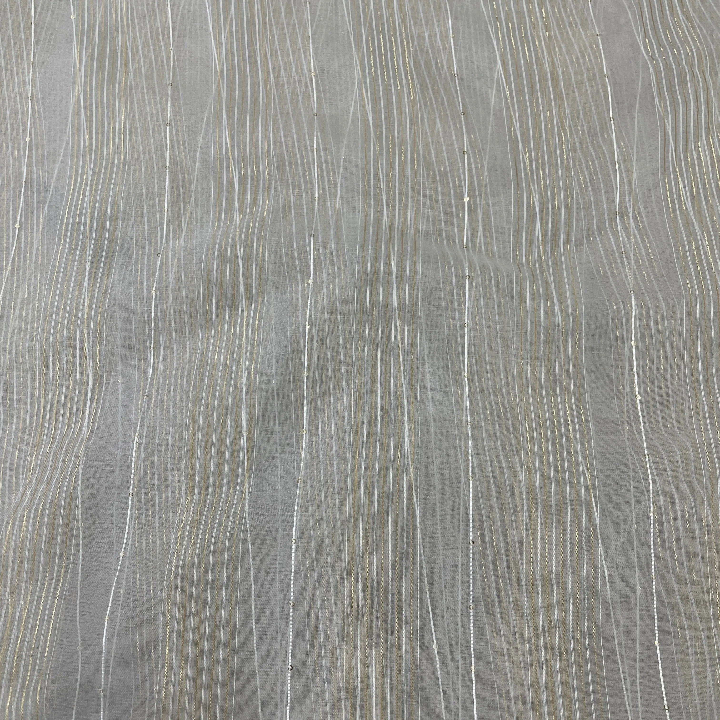 Exclusive White & Gold Stripe With Lurex Sequins Embroidery Organza Fabric
