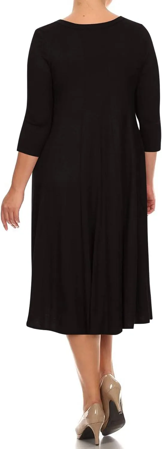 FashionStream Women's Plus Size Casual 3/4 Sleeves Basic A-Line Pleated Solid Midi Dress
