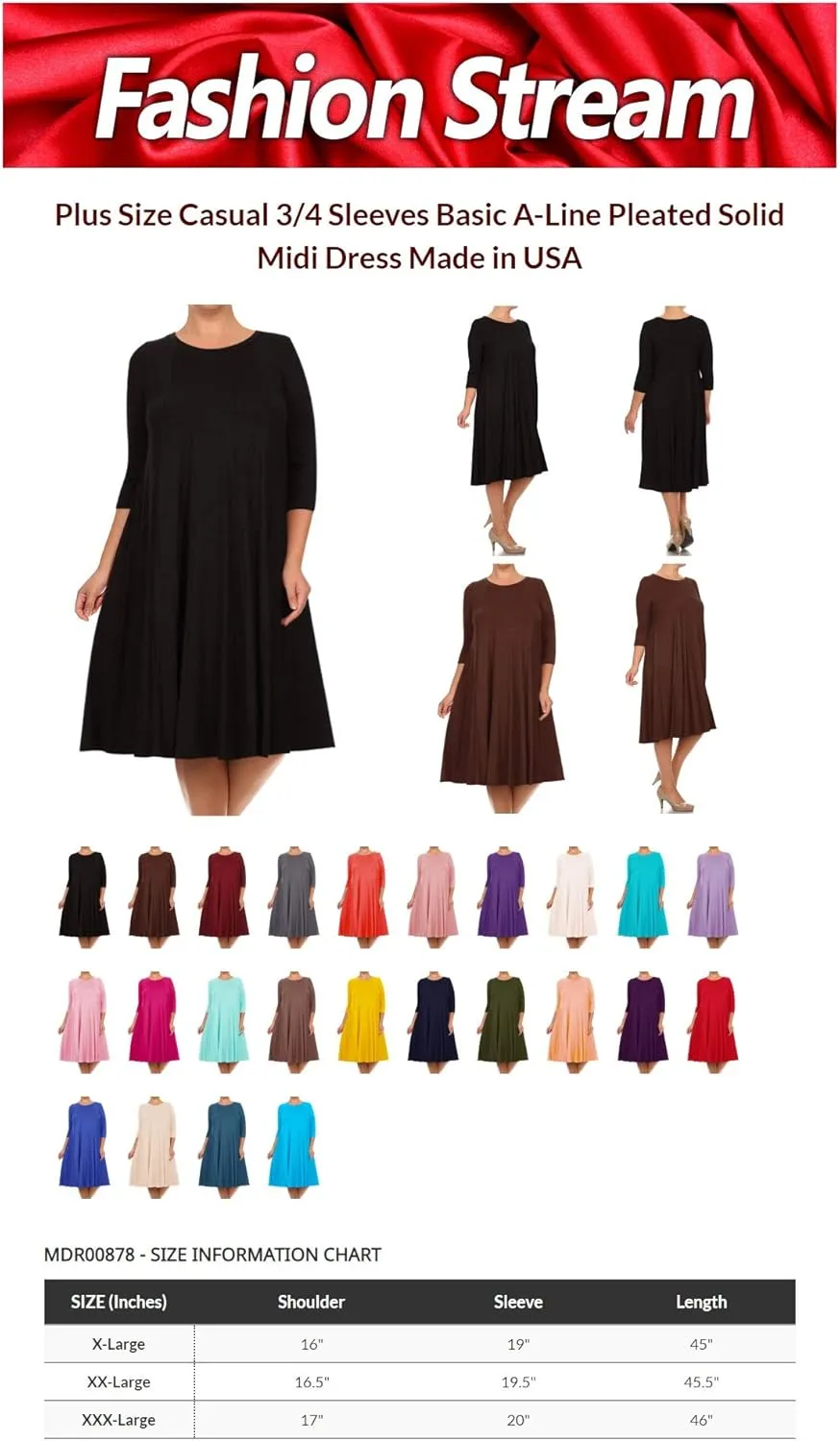 FashionStream Women's Plus Size Casual 3/4 Sleeves Basic A-Line Pleated Solid Midi Dress