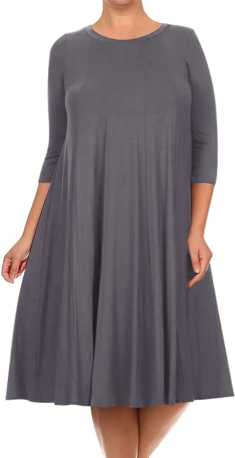 FashionStream Women's Plus Size Casual 3/4 Sleeves Basic A-Line Pleated Solid Midi Dress