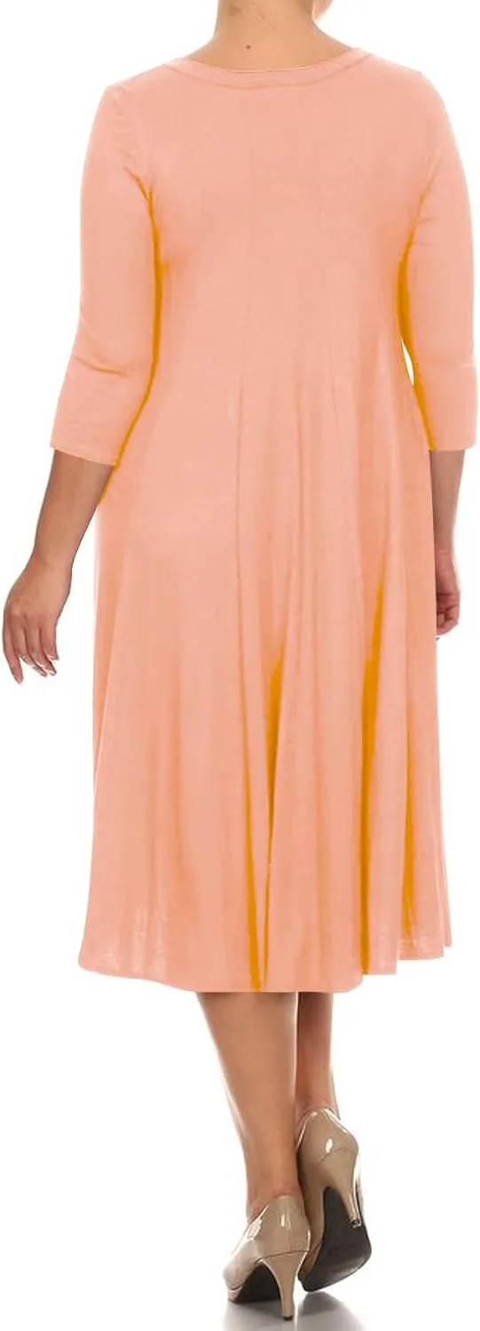 FashionStream Women's Plus Size Casual 3/4 Sleeves Basic A-Line Pleated Solid Midi Dress