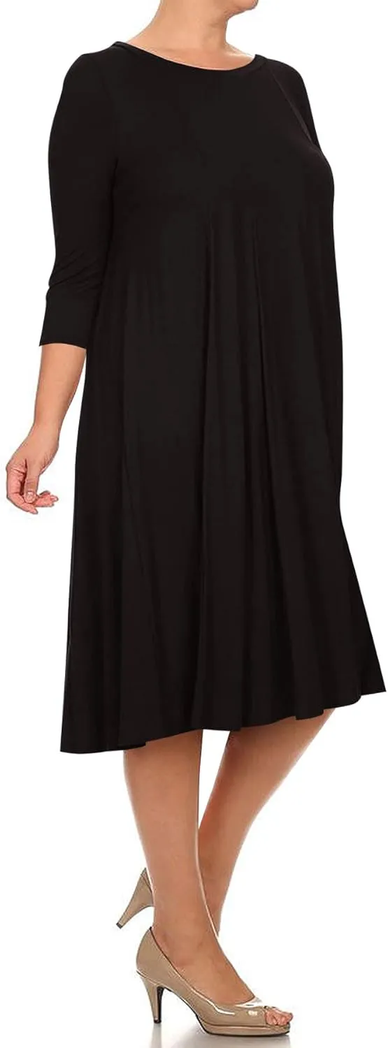 FashionStream Women's Plus Size Casual 3/4 Sleeves Basic A-Line Pleated Solid Midi Dress