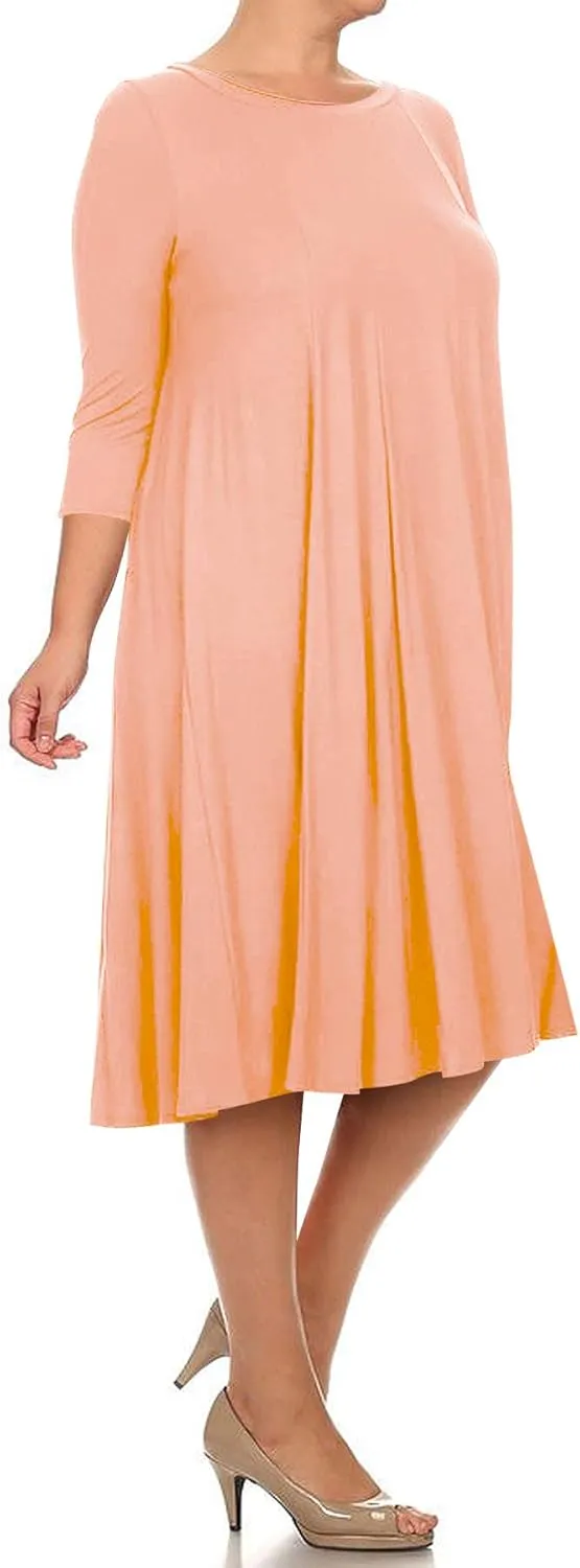 FashionStream Women's Plus Size Casual 3/4 Sleeves Basic A-Line Pleated Solid Midi Dress