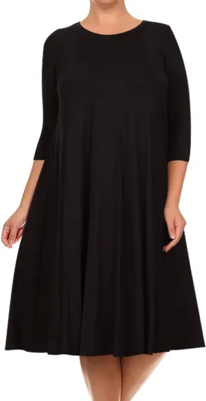 FashionStream Women's Plus Size Casual 3/4 Sleeves Basic A-Line Pleated Solid Midi Dress