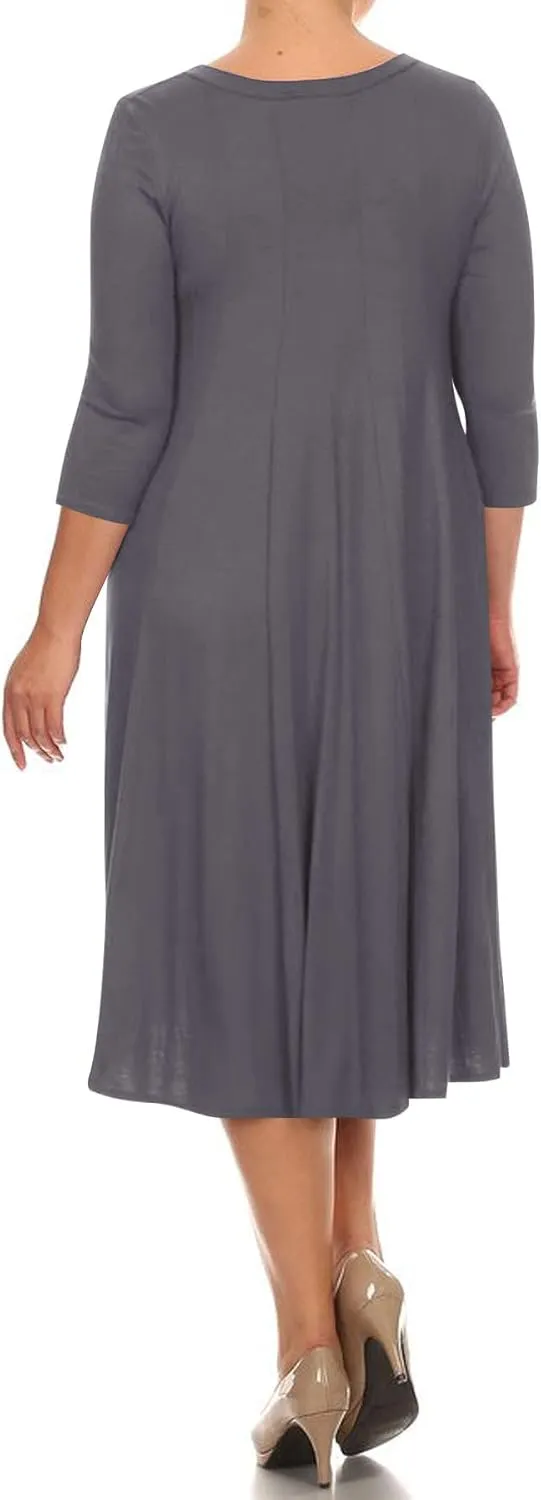 FashionStream Women's Plus Size Casual 3/4 Sleeves Basic A-Line Pleated Solid Midi Dress