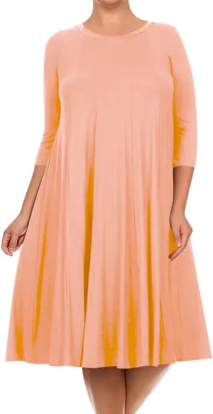 FashionStream Women's Plus Size Casual 3/4 Sleeves Basic A-Line Pleated Solid Midi Dress